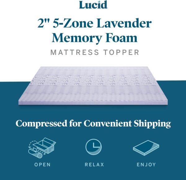 LUCID 2 Inch 5 Zone Lavender Memory Foam Twin XL Mattress Topper - Image 3