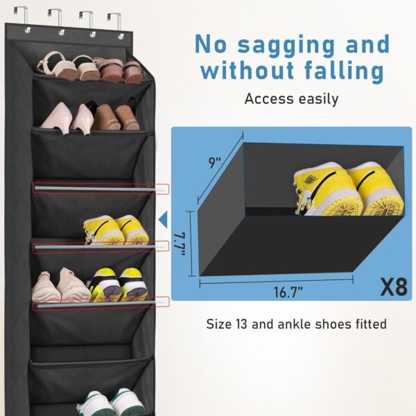 KEETDY Shoe Rack for Door Behind with 8 Large Pockets, Hanging Shoe Organizer for Closet Hanger Fits 20 Pairs Shoe Holder for Back of Door Narrow Shoe Storage, Black… - Image 4