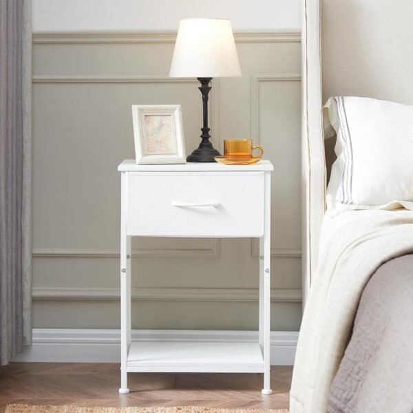 Somdot Nightstand Set of 2, Bedside Table End Table for Bedroom Dorm Nursery Living Room - Removable Fabric Drawer, Open Storage Shelf, Sturdy Steel Frame, Durable Wood Top - White Leather - Image 2
