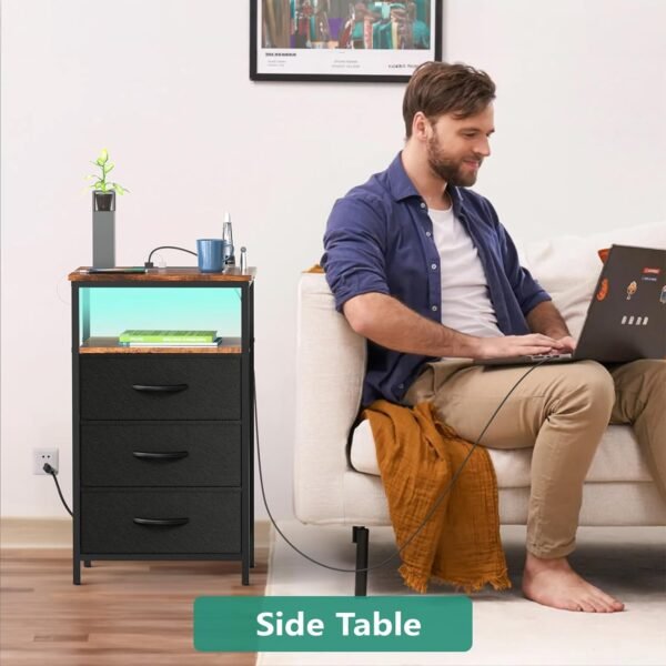Nightstand with Charging Station, Bedside Table LED Night Stand with USB Ports and Outlets, End Table with 3 Fabric Drawers and Storage Shelf, Night Stands for Bedroom (Black&Brown) - Image 5