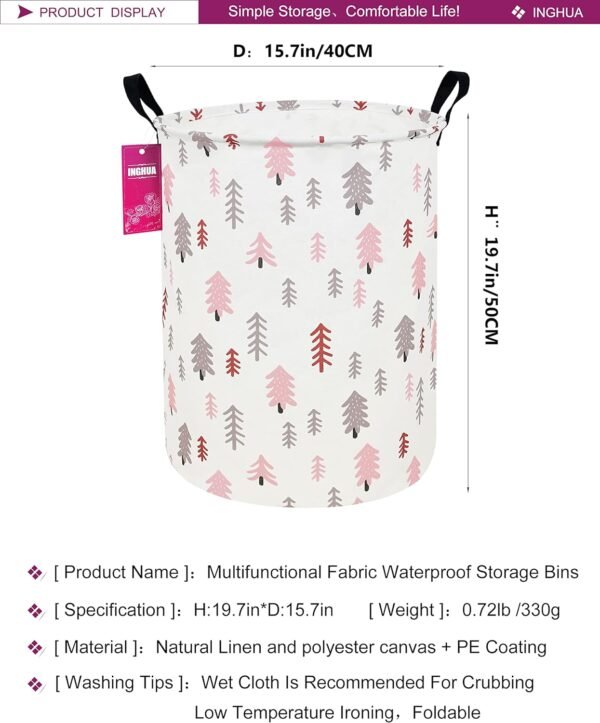 Laundry Hamper Large Canvas Fabric Lightweight Storage Basket/Toy Organizer/Dirty Clothes Collapsible Waterproof for College Dorms, Boys and Girls Bedroom,Bathroom(Pink pine tree) - Image 2