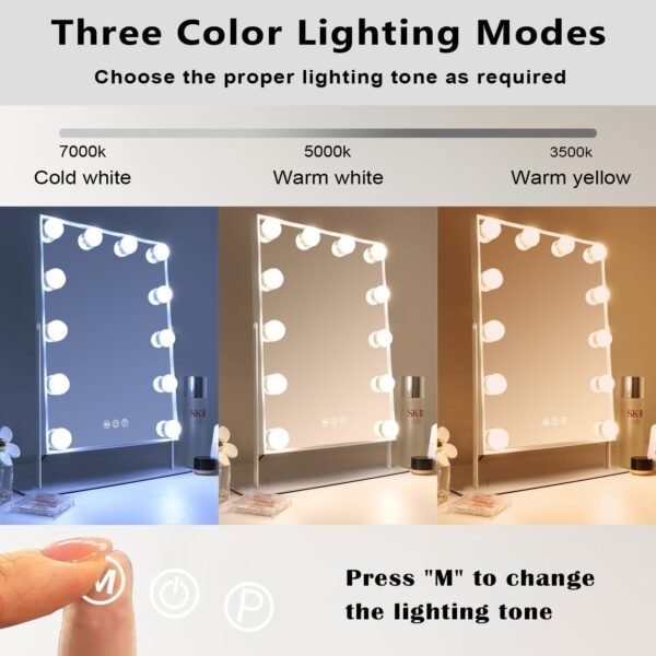 Hansong Vanity Mirror with Lights Makeup Mirror with Lights 12 Dimmable Bulbs Hollywood Lighted Makeup Mirror Detachable 10x Magnification 3 Color Lighting Modes - Image 2