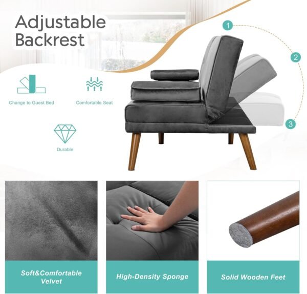 Meilocar Sofa Bed Velvet, 60" Loveseat Futon Sofa Bed with Removable Armrests, Adjustable Recliner Guest Bed Daybed Sofa for Small Space, Cup Holders, 3 Angles, Gray - Image 5