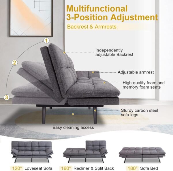 Sofa, Memory Foam Modern Convertible Bed,Folding Futon Sleeper Couch with Compact Living Space,Apartment,Dorm,Bonus Room, 71" D x 33" W x 31.5" H, Grey - Image 6