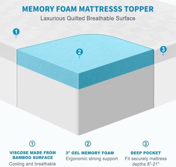 3 Inch Gel Memory Foam Mattress Topper Twin XL Size, High Density Memory Foam Mattress Pad Cover with 8-21" Deep Pocket for Pressure Relief, Pillow Top with Removable Viscose Made from Bamboo Cover - Image 2