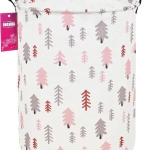 Laundry Hamper Large Canvas Fabric Lightweight Storage Basket/Toy Organizer/Dirty Clothes Collapsible Waterproof for College Dorms, Boys and Girls Bedroom,Bathroom(Pink pine tree)