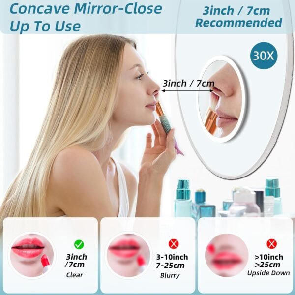 30x Magnifying Mirror with Light Large 6'' Lighted 30x Magnified Mirror with Suction Cups & Table Stand, Travel Magnifying Mirror 30x with light High Magnification Makeup Mirror with Tweezers Scissors - Image 7