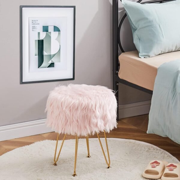 Mxfurhawa Faux Fur Storage Ottoman Round Furry Vanity Stool Marble Grain Tray Coffee Table Compact Footrest Stool with 4 Metal Legs Soft Makeup Seat Foot Stools for Living Room Bedroom Entryway Pink - Image 8