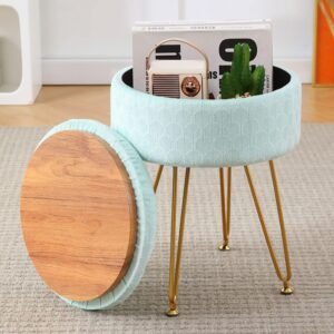 Cpintltr Foot Stool Velvet Storage Ottoman with Removable Lid Round Sofa Stools Foot Rest with Padded Seat Modern Style Makeup Stool Decorative Furniture Suitable for Lounge Dorm Room Mint Green