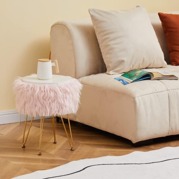 Mxfurhawa Faux Fur Storage Ottoman Round Furry Vanity Stool Marble Grain Tray Coffee Table Compact Footrest Stool with 4 Metal Legs Soft Makeup Seat Foot Stools for Living Room Bedroom Entryway Pink - Image 2