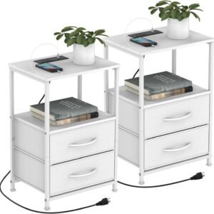 DOMYDEVM Nightstand Set of 2 with Charging Station Bedroom Night Stand Bedside Table with USB Ports and Outlets Small Side End Table with 2 Fabric Storage Drawers for Living Room Dorm, White