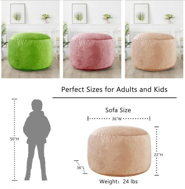 WhatsBedding 3 ft Memory Foam Bean Bag Chairs for Adults/Teens with Filling,3' Bean Bag Sofa with Ultra Soft Dutch Velvet Cover,Round Bean Bag for Living Room,3 Foot,Camel - Image 2