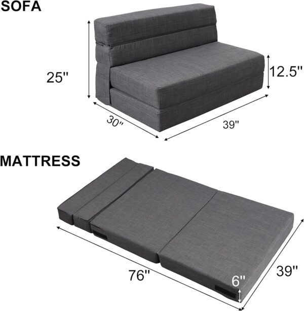 ANONER Fold Sofa Bed Couch Memory Foam with Pillow Futon Sleeper Chair Guest Bed and Fold Out Couch, Washable Cover Twin Size, Dark Gray - Image 3