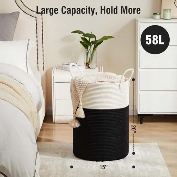 Woven Rope Laundry Basket by TECHMILLY, 58L Baby Nursery Hamper for Clothes Blanket Storage, Large Tall Laundry Hamper for College Dorm, Bedroom, Living Room, Black & White - Image 5