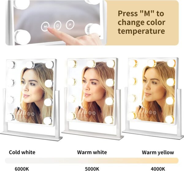 Vanity Mirror with Lights, Makeup Mirror with Lights,3 Color Lighting Modes Detachable 10X Magnification Mirror Touch Control,360°Rotation, White. - Image 2