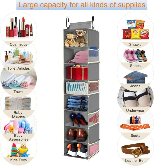 Large-Sized Hanging Shoe Organizer 8-Shelf, Hanging Closet Organizer with 8 Side Pockets, Wider Hanging Shelves for Storage Shoes Clothes 9" W × 11.8" D× 48" H, Grey - Image 6