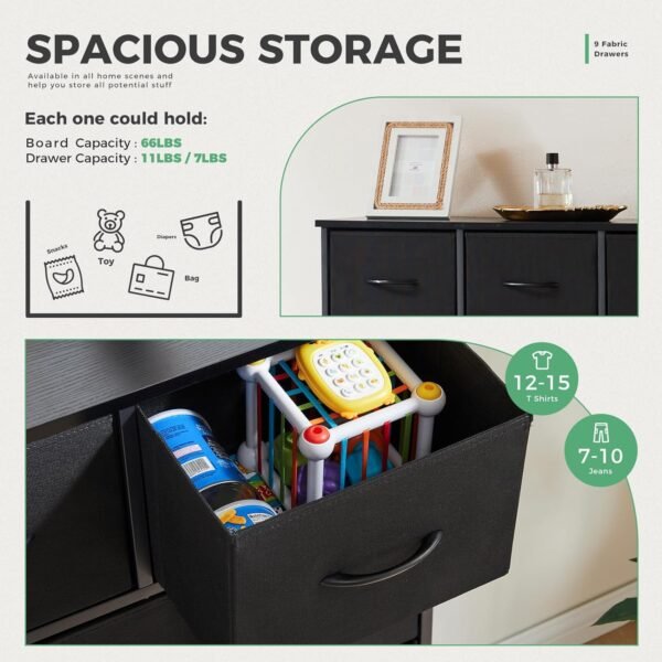 ANTONIA Dresser for Bedroom with 9 Fabric Drawers, Tall Chest Organizer Units for Clothing, Closet, Kidsroom, Storage Tower with Cabinet, Metal Frame, Wooden Top, Lightweight Nursery Furniture, Black - Image 4