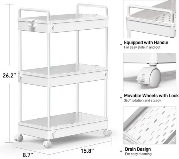 SOLEJAZZ Rolling Storage Cart, 3 Tier Utility Cart Mobile Slide Out Organizer, Bathroom Standing Rack Shelving Unit Organizer for Kitchen, Bathroom, Laundry Room, White - Image 3