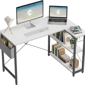 CubiCubi L Shaped Desk, 40 Inch Computer Desk with Reversible Storage Shelves Home Office Corner Desk Study Writing Table, White Top/Black Leg