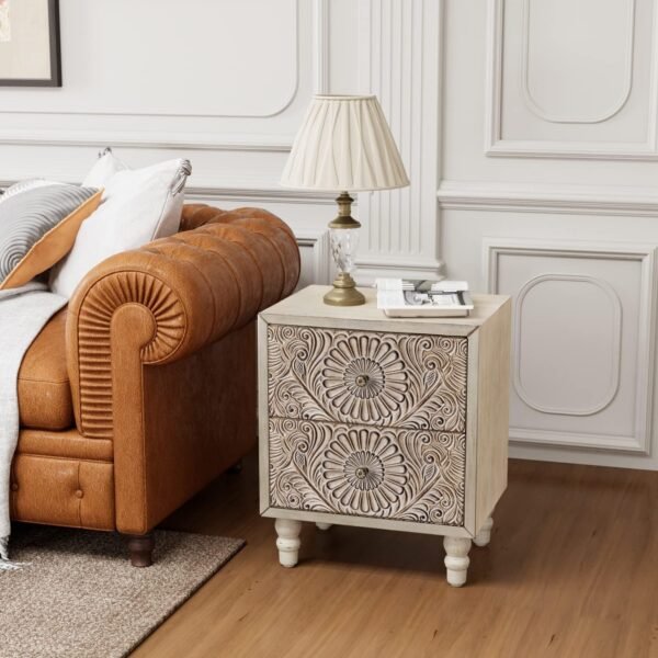 COSIEST Nightstand, 14" D x 18" W x 21.5" H MDF End Table with 2 Drawers, Vintage Style Wood Bedside Table, Bedroom Accessories for Home, Office, College Dorm - Image 4