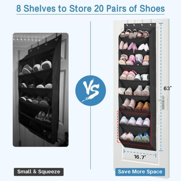 KEETDY Shoe Rack for Door Behind with 8 Large Pockets, Hanging Shoe Organizer for Closet Hanger Fits 20 Pairs Shoe Holder for Back of Door Narrow Shoe Storage, Black… - Image 2