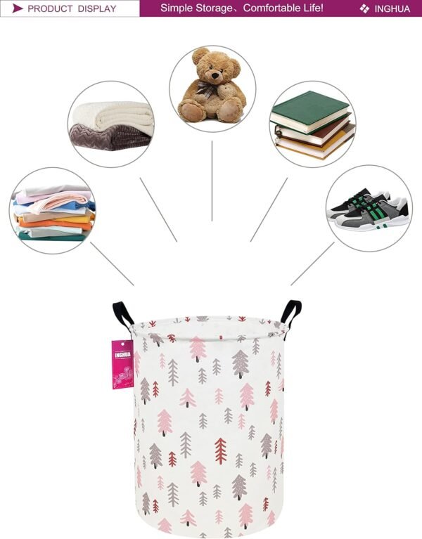 Laundry Hamper Large Canvas Fabric Lightweight Storage Basket/Toy Organizer/Dirty Clothes Collapsible Waterproof for College Dorms, Boys and Girls Bedroom,Bathroom(Pink pine tree) - Image 5