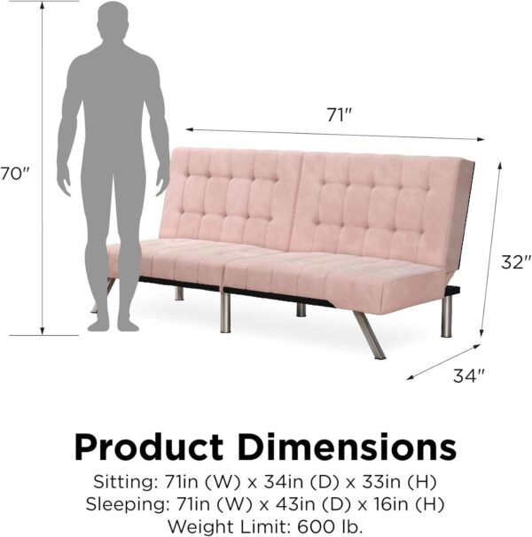 DHP Emily Futon With Chrome Legs, Pink Velvet - Image 3