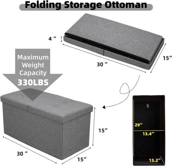 30 Inches Storage Ottoman Bench with Flipping Lid, Linen Foldable Storage Footrest, Ottoman with Storage for Living Room Holds up to 330lbs, Light Grey - Image 3