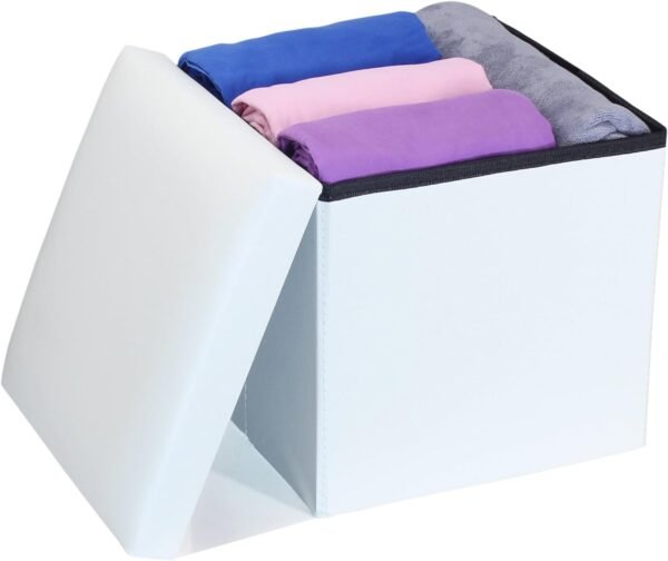 OT01 Leather Folding Storage Ottoman Cube Footrest Seat, 12 X 12 X 12 Inches (White) - Image 4