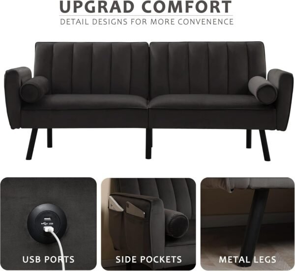DURASPACE Velvet Loveseat Sleeper Sofa 74" Convertible Futon Couch with USB, Loveseat Coach for Dorm, Apartment, Bonus Room,Compact Living Space (Charcoal Gray) - Image 3