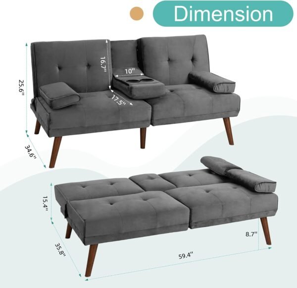 Meilocar Sofa Bed Velvet, 60" Loveseat Futon Sofa Bed with Removable Armrests, Adjustable Recliner Guest Bed Daybed Sofa for Small Space, Cup Holders, 3 Angles, Gray - Image 2