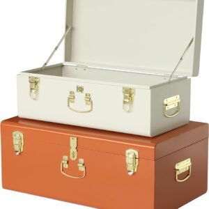 Vixdonos Decorative Large Metal Box Storage Trunk Chest Set of 2 College Dorm Organizer with Hardware Hasps and Handle for Home Deocr,23.7X14.2X9.5 Inches(Beige and Orange)