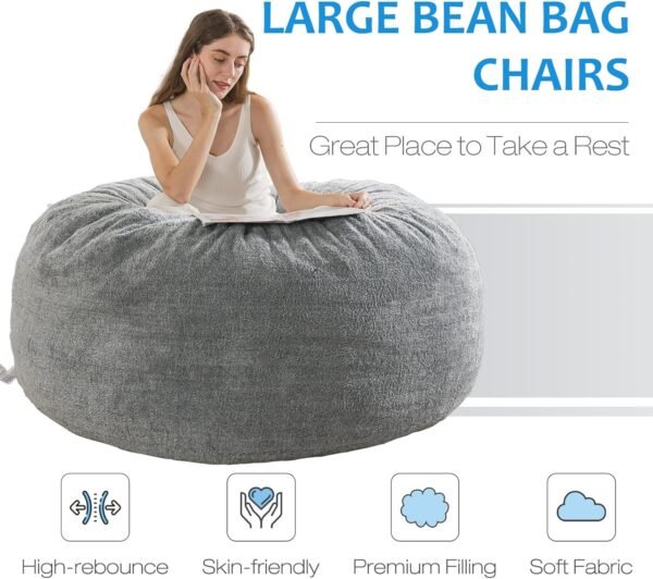 WhatsBedding 5 ft Memory Foam Bean Bag Chairs for Adults/Teens with Filling,5' Bean Bag Sofa with Ultra Soft Dutch Velvet Cover,Round Bean Bag for Living Room,5 Foot,Light Grey - Image 3