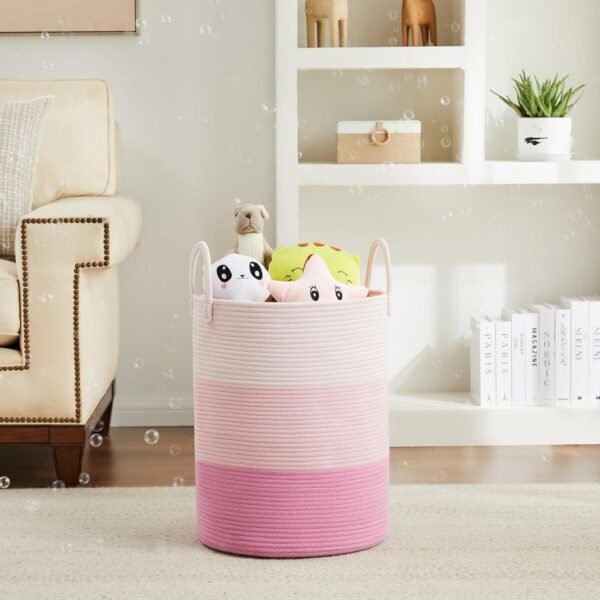 Cotton Rope Laundry Hamper by Fiona's magic, Tall Woven Laundry Basket Storage, Baby Nursery Hamper for Blankets, Toys and Clothes Hamper for Bedroom and Living Room Organizing, 58L, Pink - Image 2