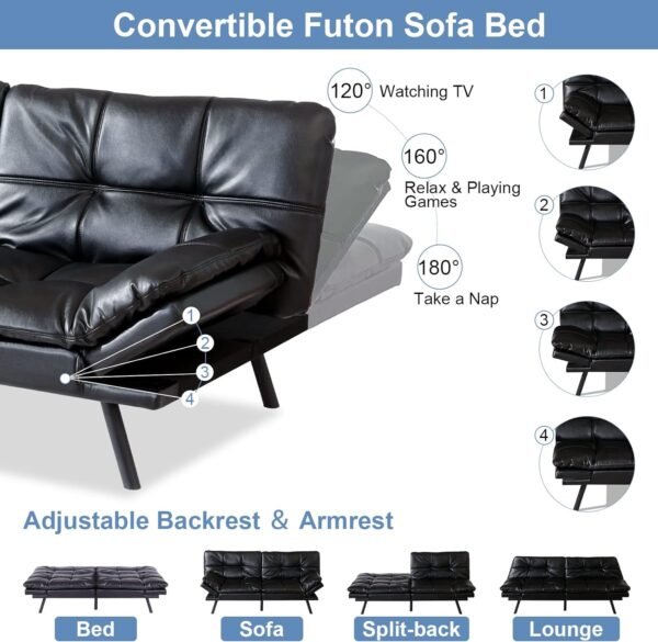 MUUEGM Futon Sofa Bed Couch,Memory Foam Convertible Futon Sleeper, Modern Leather Love seat Sofa for Living Room,Compact Small Space,Office,Dorm,Apartment,Adjustable Armrests Backrests,71",Black - Image 3
