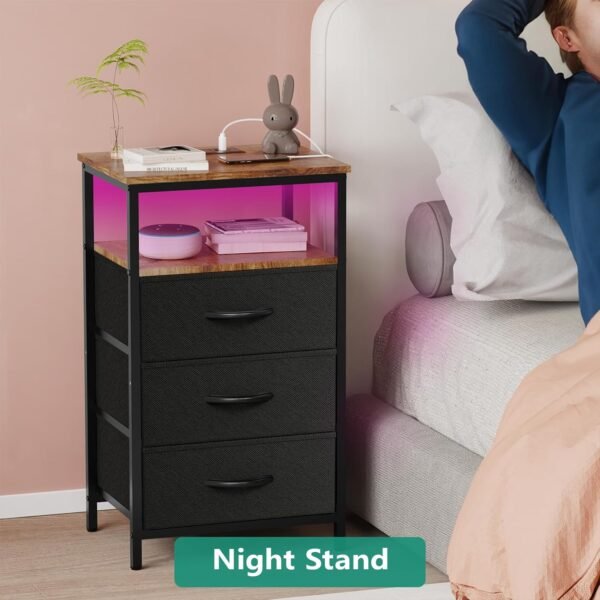 Nightstand with Charging Station, Bedside Table LED Night Stand with USB Ports and Outlets, End Table with 3 Fabric Drawers and Storage Shelf, Night Stands for Bedroom (Black&Brown) - Image 2