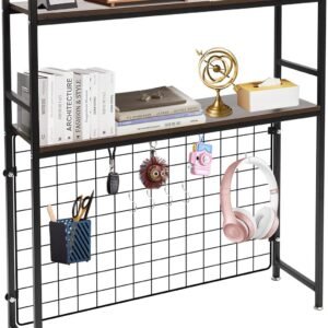 Computer Desktop Bookcase 2-Tier Multipurpose Countertop Hutch Display Shelf Adjustable Wood Rack Organizer for Home Dorm Office Supplies (Black)