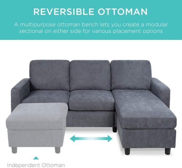 Best Choice Products Upholstered Sectional Sofa for Home, Apartment, Dorm, Bonus Room, Compact Spaces w/Chaise Lounge, 3-Seat, L-Shape Design, Reversible Ottoman Bench, 680lb Capacity - Blue/Gray - Image 3