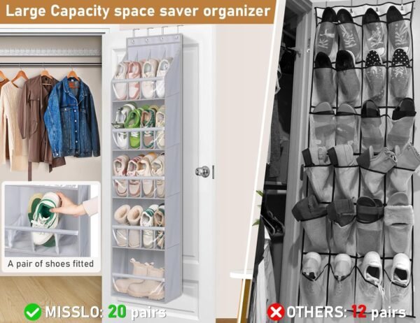MISSLO 20 Pairs Over The Door Shoe Organizer for Closet Narrow Hanging Shoe Rack for Door Hanger Deep Pocket Door Shoe Holder Storage for Boots, Size 13 Sneakers, Grey - Image 2