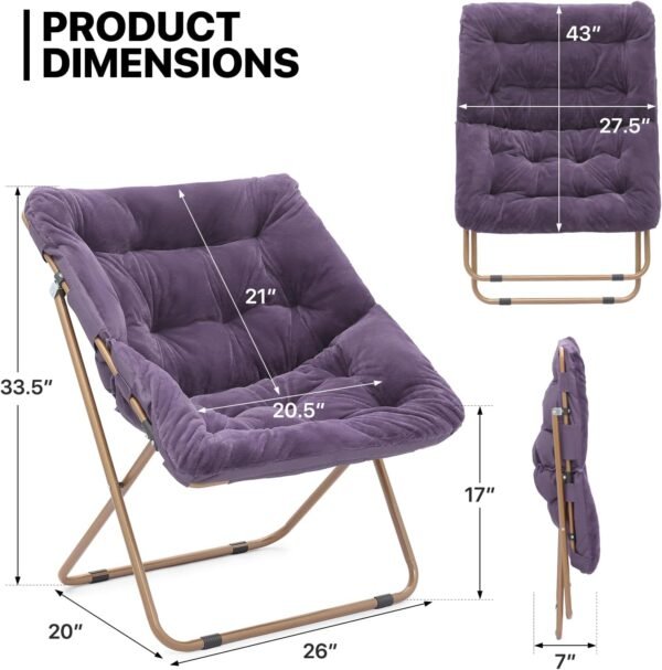 MoNiBloom Square Folding Faux Fur Saucer Chair for Bedroom Living Room Dorm Courtyard Foldable Metal Frame Oversized Large Comfy Furry Padded Soft Lounge Lazy Cozy Moon Chair for Adults (Purple) - Image 3
