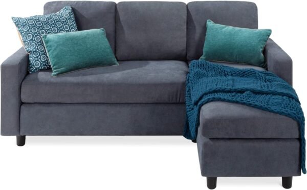 Best Choice Products Upholstered Sectional Sofa for Home, Apartment, Dorm, Bonus Room, Compact Spaces w/Chaise Lounge, 3-Seat, L-Shape Design, Reversible Ottoman Bench, 680lb Capacity - Blue/Gray