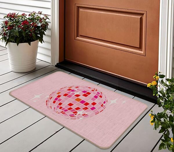 Preppy Hot Pink Disco Ball Front Door Mat Mats Indoor Outdoor Entrance,Preppy Disco Ball College Dorm Room Decor,17"X30" - Image 2