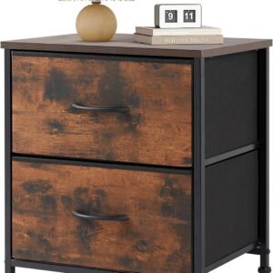 Sweetcrispy Nightstand with 2 Drawers, End Tables Bedside Furniture Side Table with Storage Kids Night Stand with Fabric Bins, Wooden Top Small Dresser for Bedroom Closet, Entryway, College Dorm