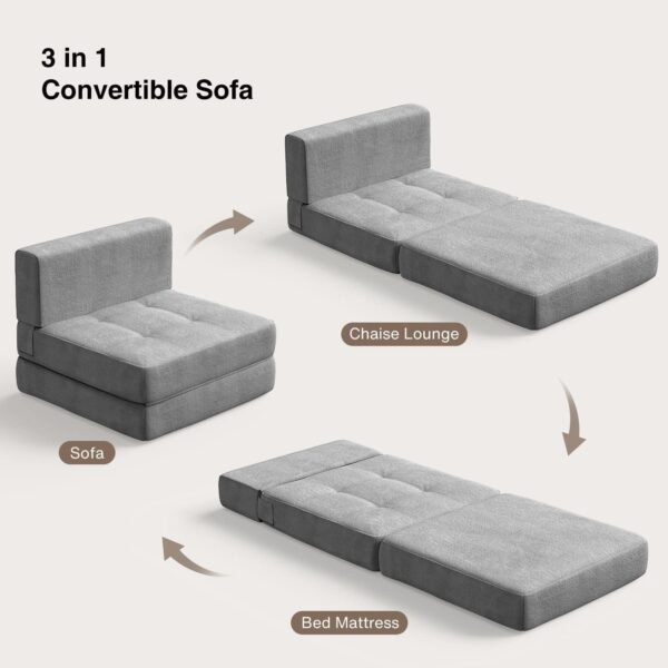 Aiho Folding Sleeper Sofa Chair Bed, Memory Foam Floor Couch, Modern Linen Fabric Removable Cover, for Living Room/Apartment/Dorm/Loft (Light Grey) - Image 3