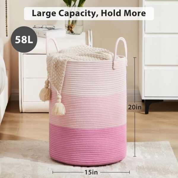 Cotton Rope Laundry Hamper by Fiona's magic, Tall Woven Laundry Basket Storage, Baby Nursery Hamper for Blankets, Toys and Clothes Hamper for Bedroom and Living Room Organizing, 58L, Pink - Image 6