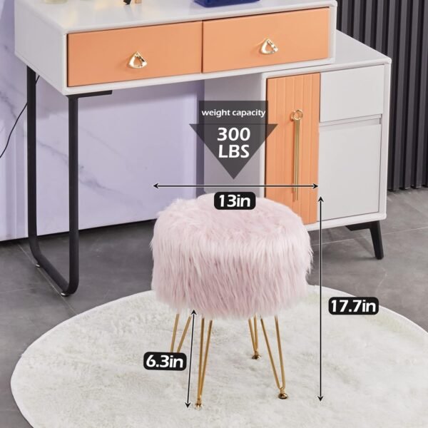 Mxfurhawa Faux Fur Storage Ottoman Round Furry Vanity Stool Marble Grain Tray Coffee Table Compact Footrest Stool with 4 Metal Legs Soft Makeup Seat Foot Stools for Living Room Bedroom Entryway Pink - Image 3
