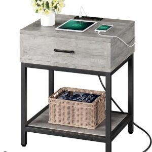 Grey Nightstand with Charging Station, End Tables Living Room with Drawer and Shelf, Bedside Table with USB Port & Power Outlet for Bedroom College Dorm