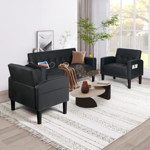 AILEEKISS 3 Piece Living Room Sofa Set 62" Loveseat Sofas Sets with 2 USB,Cup Holders,Side Pocket,Modern Leather 3 Pcs Sectional Couches Set for Apartment,Office,Bedroom (Black, 2-Seat+1-Seat+1-Seat) - Image 2