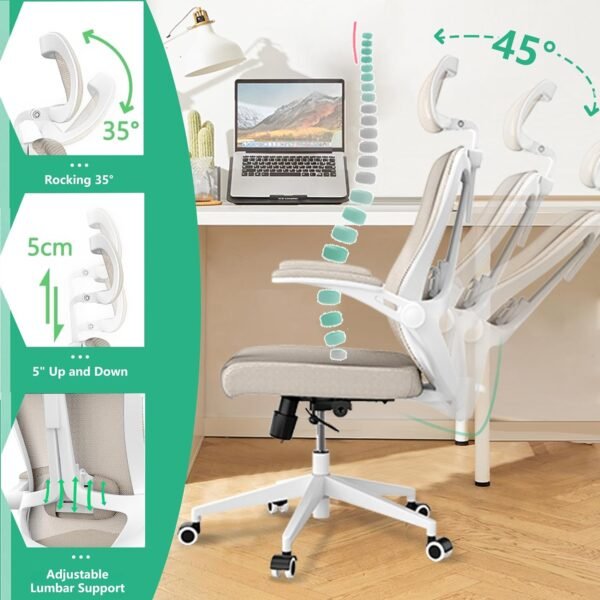 Ergonomic Office Chair - Comfy Desk Chairs with Wheels and Arms, Heavy Duty Mesh Computer Chairs with Comfortable Head Lumbar Back Support for Office, Bedroom, Study and College Dorm (khaki) - Image 5