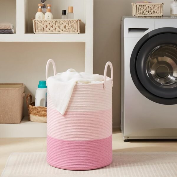 Cotton Rope Laundry Hamper by Fiona's magic, Tall Woven Laundry Basket Storage, Baby Nursery Hamper for Blankets, Toys and Clothes Hamper for Bedroom and Living Room Organizing, 58L, Pink - Image 8